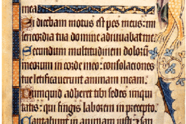 14th century text with ploughman illustration