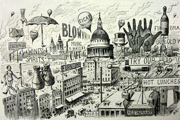 Black and white illustration of a city from Punch Magazine