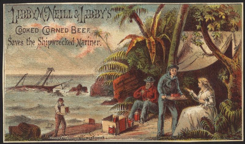 Old advert for corned beef with people serving corned beef on island with shipwreck in background