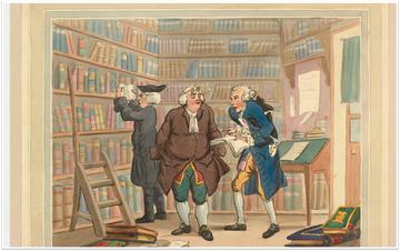 A watercolour of a scene inside a bookshop 1784